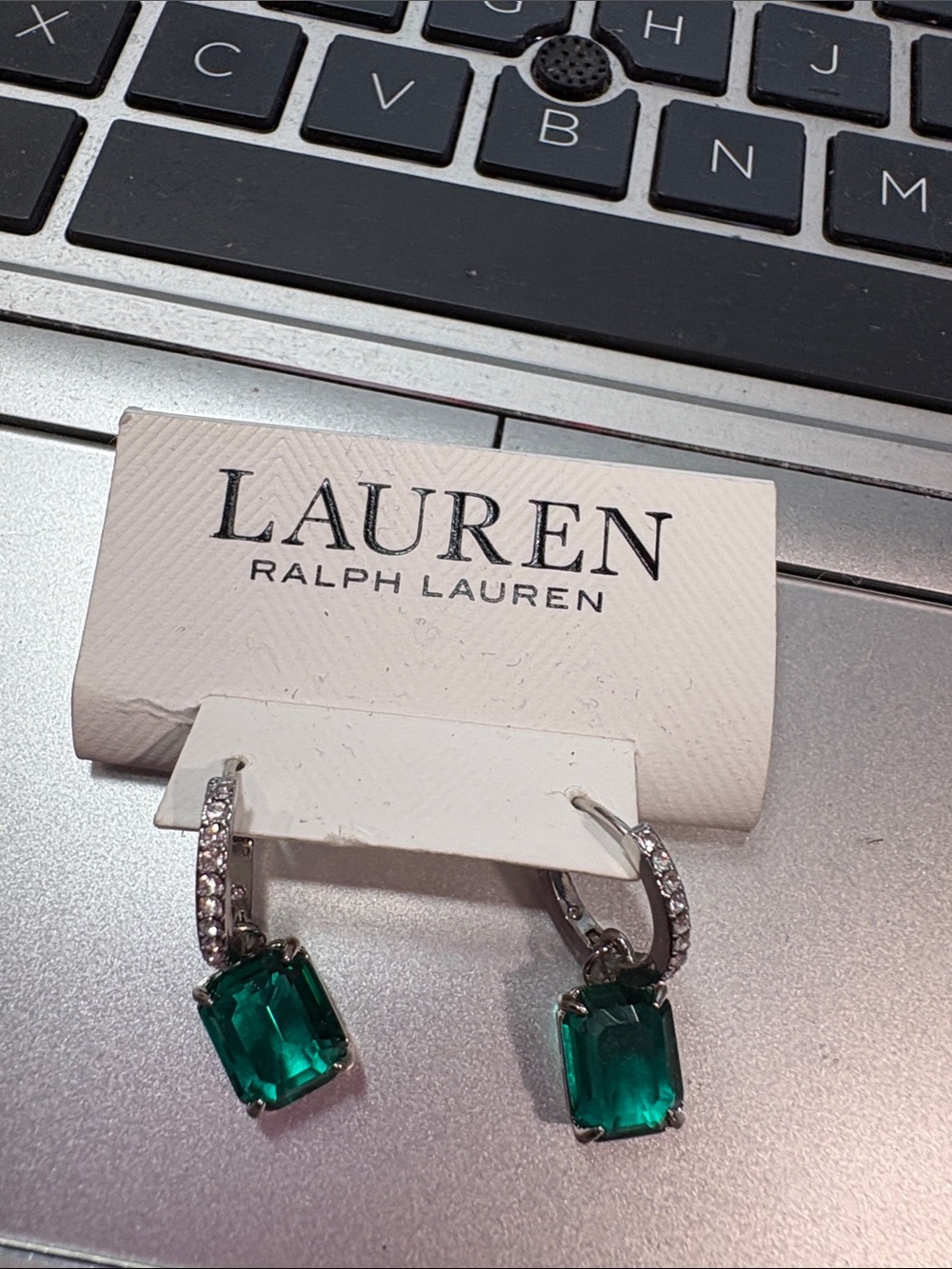 Lauren Ralph Lauren Silver-Tone Hoop Earrings with Emerald Drops